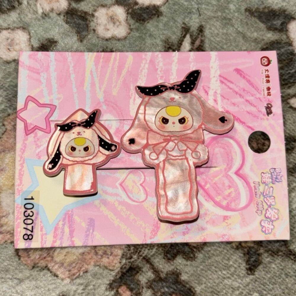 Baby Three Pink and black bow bunny hair clips set